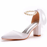 Cm Thick Heel Pointed Sandals With Shallow Female Sandals White Beaded Satin Cloth Bride High Heels Large