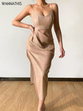 Y2K Sequin Women High Split Midi Cami Dress Sleeveless Summer Bright Sexy Fashion Party Prom Female Clothing New