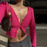2000s Vintage Cute Pink Basic Button Up Crop Cardigans Y2K Streetwear V-neck Long Sleeve Knitted Sweaters Autumn