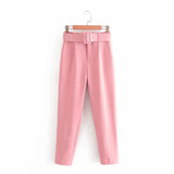 Solid Women Suit Pants Office Lady Empire Waist Belt Trousers Elagant Sashes Casual Chic