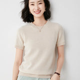 Zingj Female Round Collar Loose T-Shirt Inside Build Sweater Spring Autumn Base Outside Wear Short Sleeve Hair-Outfit