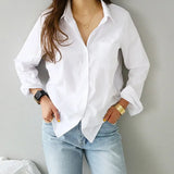 White Women Shirt Fashion Long Sleeve Casual Turn Down Collar Female Blouse Loose Pocket Button Office Ladies Elegant