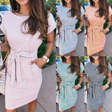Summer O Neck Short Sleeve Bow Belt Tunic Women's Midi Dress 2020 Fashion Striped Print Pocket Ladies Dresses