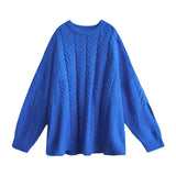 Zingj Blue Autumn Winter New Round Collar Thick Knit Jacket Korean Fashion Loose Lazy Wind Senior Sweater Woman-Outfit