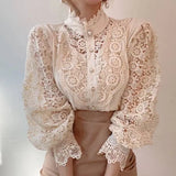Flower Lace Blouse Women Korean Style Stand Collar Hollow Out Elegant White Shirt Spring Autumn Fashion Ladies