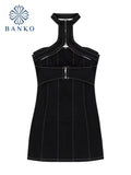 Black Bodycon Mini Denim Dress Women Hollow Out Halter Sleeveless Short Dresses Skinny Summer Sexy Slim Vestidos