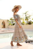 Queens Women Floral Print Short Sleeve Bohemian Dress Robe Ladies Off Shoulder Rayon Maxi Sundress