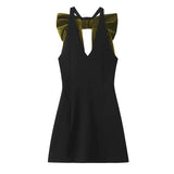 Black Halter Green Bow Mini Dress- Outfit
