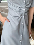 Summer Elegant Casual Midi Shirt Dress Short Sleeve Vintage Pleated Party Black Vestidos Female Fashion Korean