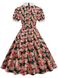 Women Vintage Dress Floral Print Peter pan Collar Elegant Party Dress Puff Short Sleeve Pin Up 50s Party Sundress