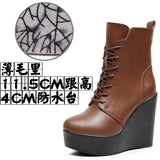 Head 12Cm High Slope And Waterproof Table Mid-Sleevel Boots With Side Zipper Women's Boots Pine Cake Plus Velvet Winter Warm Leather