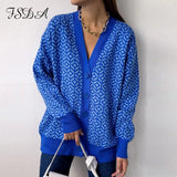 Autumn Winter Blue Knitted Cardigan Women V Neck Long Sleeve Fashion Sweater Casual Oversized Loose Top