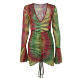 Women Autumn Long Sleeve V Neck Printed Bodycon Gradient Sexy Mini Dress 2021 Fall Clothes Wholesale Items