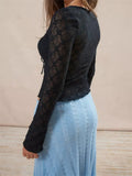 Vintage Women Spring Fall Slim Fit Lace T-shirts Crop Tops Long Sleeve Low Cut Tie Up Tees Shirts Party Clubwear