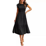 Summer Hot Women's Clothing New To Take Flying Sleeves Pure Color Folding Short-Sleeved Dress