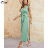 Slim Women Jumpsuit Lace-up Flyer Sleeve Jumpsuit for Women 2022 Summer New Straight Loose Solid Green Cropped