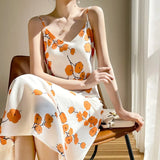 New Chiffon Suspender Dress Women's Waist V-neck Printed Over-The-Knee Floral Dress Retro Outer
