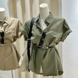 Loose Camisas Army Green Cargo Short Sleeve Shirts Belt Slim Waist Retro Women Tops Letter Blouse American Safari