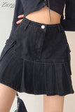 Streetwear Cargo Style Black High Waist Denim Skirt Mini Solid Pockets Casual Pleated Skirt Women Goth Korean