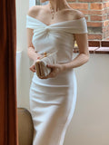New Dress For Women Elegant Midi Bodycon Off Should Solid One Piece Slim Clothing Femme Fashion Party