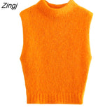 Women Sweet Stand Collar Sleeveless Orange Knitting Vest Sweater Female Chic Soft Touch Pullovers Waistcoat Tops