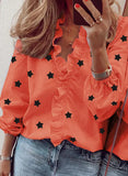 Spring Autumn Sexy Deep V Neck Women Blouses Shirt Fashion Suffles Five Pointed Star Print Office LadiesTops Plus