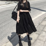 Women O-Neck Black Summer Strap Midi Dresses Japanese Harajuku Streetwear Loose Lace Up BF Cool Ins Popular Elegant