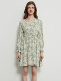 Retro Pleated V-neck Buttons A-line Floral Dress Women Elegant High Waist Mini Dress Lantern Sleeves Vestido
