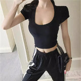 Zingj Solid Color Slim Sexy Female Short Sleeve U Collar T Shirt Basic Korean Version Short Jacket Ebay-Outfit