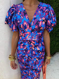 Women's Floral Print Cut Out Midi Dress Elegant Puff Short Sleeve V Neck Split Slim Vestido New Female Summer Party