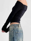 Solid Color Off Shoulder Slim Long Sleeve Tee- Outfit