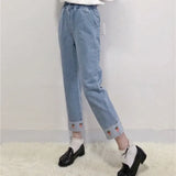 Women Strawberry Printed Patchwork Harajuku Elastic High Waist Ankle-length Jean Femme Womens Korean Style Kawaii