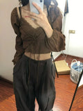 Aesthetic Fashion Two Piece Set Preppy Style Bandage Shirt + Streetwear Lace Patchwork Crop Top Vest 2 Suits