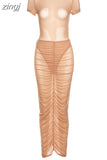 Mesh Outfits Women Two Piece Set Skinny O-Neck Short Sleeve Bodysuits Top+Skirt See Through Clubwear Vacation Matching