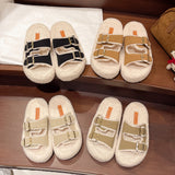 Zingj Autumn And Winter Large Size Double Buckle Platform Slippers With Velvet And Thick Lamb Wool Slippers Warm Shoes-Outfit