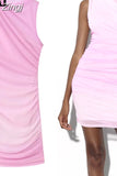 Pink Tulle Mini Dress Woman Mesh Bodycon Dress Women Sleeveless Semi Sheer Short Dresses For Women Ruched Summer