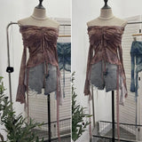 Small-Sized Old-Fashioned Green Shoulder Horn Sleeve Blouse Dye Net Yarn Lace Draw Rope Short T-Shirt