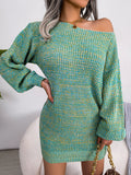 Autumn And Winter Leisure Word Collar Shoulder Color Lantern Sleeve Knitted Sweater Skirt Burst