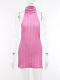 Knit Mini Dress Backless Jacquard Sexy Turtleneck Split Pink Sleeveless Y2K Women Nightclub Elegant Party Dresses