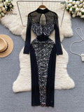 Women Sheer Mesh Dress Embroidery Sequins Slim Long Sleeve Senior Fashion Hollow Out Half High Neck Elegant Sexy