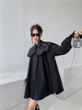 High Fashion Black Heart Collar Shirt Dress For Women 2022 Lantern Long Sleeve Desinger Mini Dress Runway