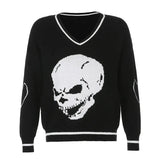 Autumn Winter Print V Neck Knitted Jumpers Casual Long Sleeve Harajuku Sweater Women Streetwear Pullover Female