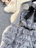 Autumn Sweet Cake Dress Transparent Belt 2023 O Neck French Bow Design Diamonds Mesh Gentle Temperament Long
