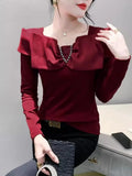 Autumn Cotton T-shirt Women's Beading Bowknot Slash Collor TShirts Female Fashion Slim Top