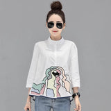 Autumn New 20251 Korean Version Of The Female Seven Sleeve Embroidered A Word Shirt Doll