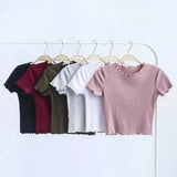 Wood ears O neck Short sleeve T-shirt 2021 New Woman Slim Fit t shirt tight tee Summer Retro Tops 6
