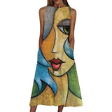 Print Sleeveless Dress Women Summer Casual Vintage Elegant Tank Loose Robe Beach Round Neck Maxi Dresses Vestidos