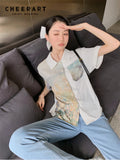 Oil Painting White Button Up Short Sleeve Shirt For Women 2022 Summer Patchwork Designer Top High Fashion