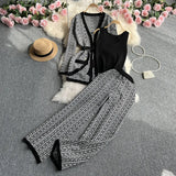 Zingj Suit Female Casual Temperament V Collar Waist Belt Knit Cardigan Jacket Three Piece Set High Waist Wide Leg