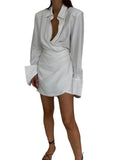 Spring Padded Shoulder Long Sleeve Fashion Female Shirt Dress Woman Elegant Sexy Ruched Casual Party Dresses for